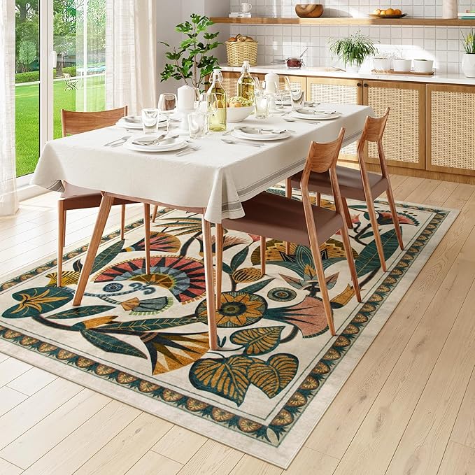 Egypt Floral Washable Area Rugs for Living Room 5x7 Boho Large Vintage Beige Bedroom Dining Room Rug,Non Slip Soft Throw Carpet for Entryway Kitchen Office Hardwood Playroom (5 x 7)