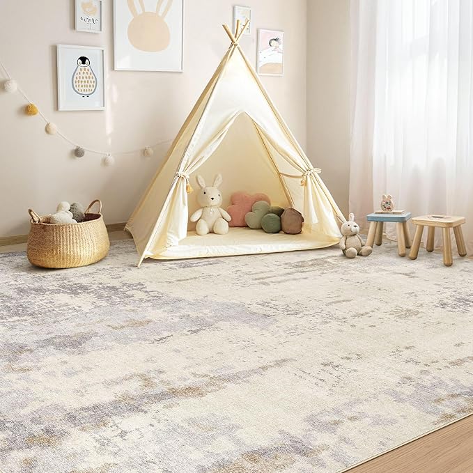 5x7 Area Rug Living Room Rugs - Washable Neutral Modern Abstract Soft Thin Rug Indoor Floor No Slip Rug Carpet for Bedroom Under Dining Table Home Office Decor - Light Brown/Gray