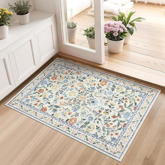 GarveeHome 2x3 Floral Rugs for Entryway, Non-Slip Soft Vintage Throw Door Mat, Low Pile Foldable Farmhouse Carpet, Non-Shedding Indoor Washable Small Rug for Bedroom Kitchen, Green