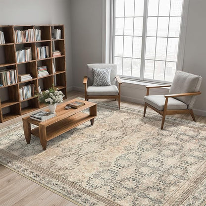 Large 8x10 Washable Area Rug for Living Room, No Shedding Vintage Floral Print Rugs Non Slip, Indoor Foldable Thin Retro Accent Carpet for Bedroom Farmhouse Dining Room Beige/Pink/Orange