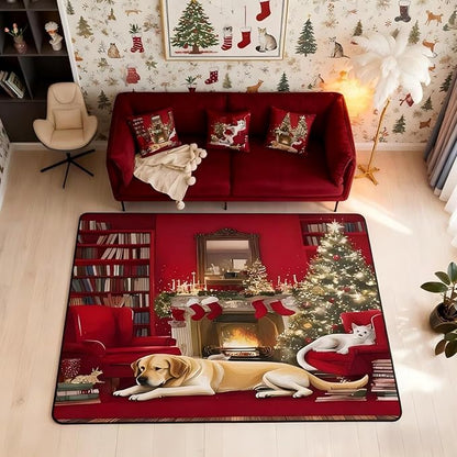 Merry Christmas Large Area Rug 5x7 Puppy Christmas Tree Living Room Rug | Little Cat Pup Dog Rugs for Bedroom, Cute Pet Animal Golden Retrievers Carpet Indoor Floor Mat