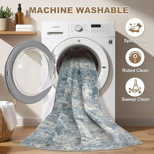Nakagishi 9x12 Area Rugs Living Room: Washable Abstract Large Neutral Soft Rug Stain Resistant Modern Indoor Floor Non-Slip Carpet for Bedroom Nursery Kids Playroom Office Dining Room Dorm-Blue Brown