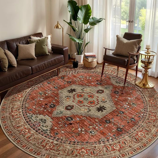 Tangsoo Round Rug 5ft, Washable Circle Rug, Vintage Non Slip Boho Round Area Rug, Low Pile Circular Rugs, Round Carpet for Bedroom,Livingroom,Nursery,Dorm,Office,Terracotta