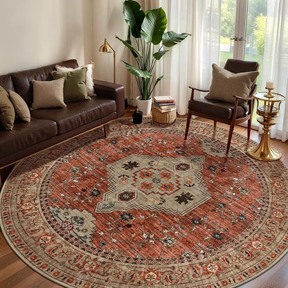 Tangsoo Round Area Rug 6ft,Washable Circle Rug, Vintage Non Slip Boho Round Rug,Low Pile Circular Rugs,Large Round Rugs Carpet for Livingroom,Bedroom,Nursery,Dorm,Office,Terracotta