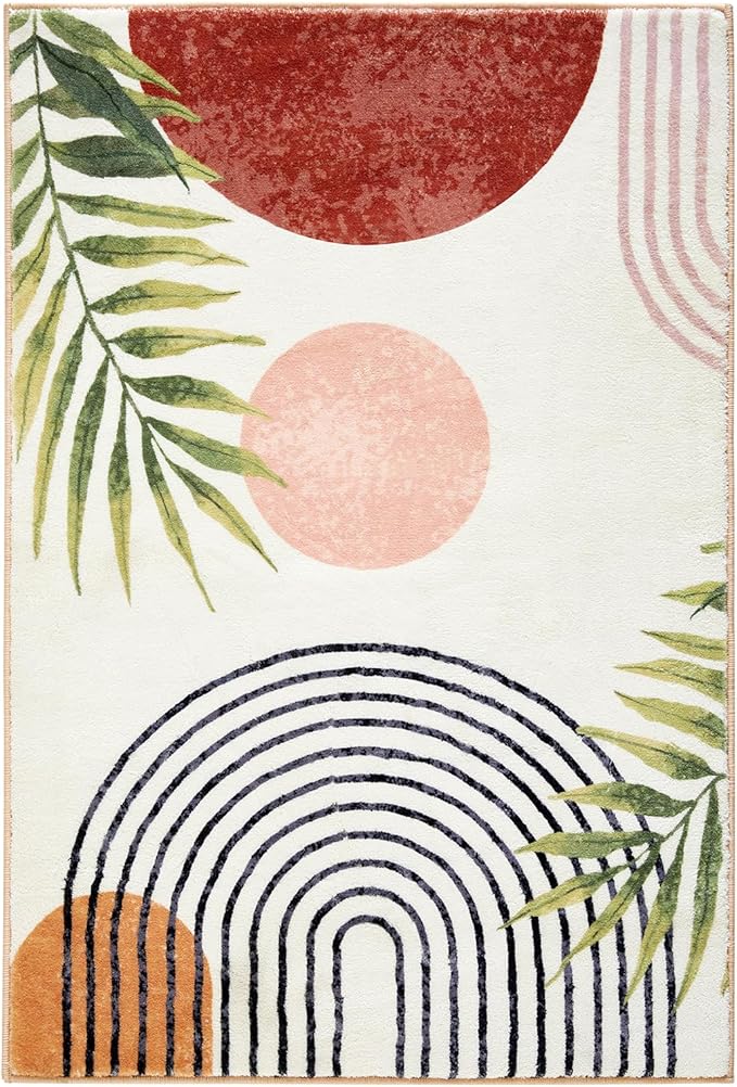RoomTalks Boho Cute 3x5 Small Area Rugs Washable, Modern Abstract Geometric Shape with Tropical Leaves Non Slip Throw Rugs for Bedroom Kitchen Entryway Indoor Botanical Accent Carpet