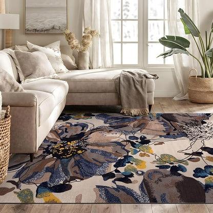Rugshop Cream Bright Flowers Non Slip Non-Shedding Area Rug for Living Room, Dining Room and Bedroom, 5'3" x 7'3"