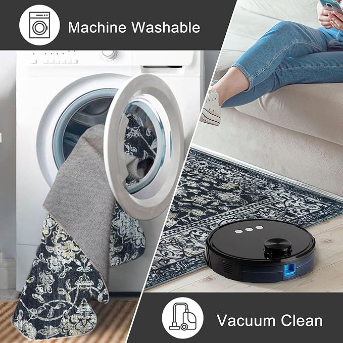KILOCOCO Area Rug 4x6 Entryway Rug Washable Printed Vintage Floral Rubber Backed Non Slip Indoor Kitchen Rugs for Laundry Room Playroom Bedroom Living Room Moroccan Area Rugs, Navy/Charcoal