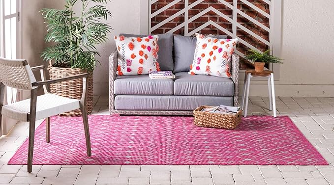 Unique Loom Outdoor Trellis Collection Area Rug - Tribal Trellis (9' x 12' Rectangle, Fuschia/ Gray)