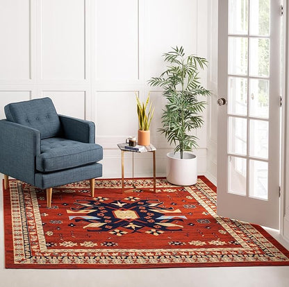 Unique Loom Taftan Collection Border Geometric Tribal Inspired Design Area Rug (8' 0 x 8' 0 Square, Terracotta/ Ivory)