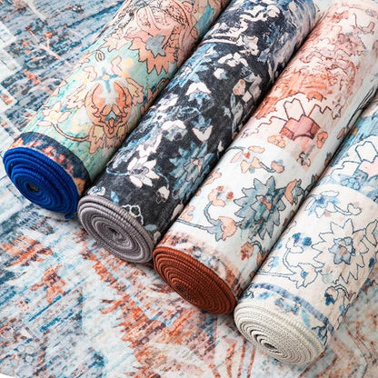4x6 Washable Rug – Boho Non-Slip Indoor Area Rug for Living Room, Bedroom, Dining Room, Entryway – Light Blue and Terracotta Bohemian Style