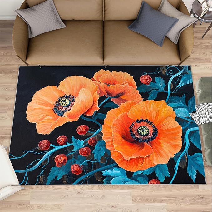 6x9 Poppy Living Room Rug - Retro Flowers Art Bedroom Carpet, Rustic Florals Art Classroom Rug for Carpet Boy Bedroom Office Nursery Hardwood Home Decor