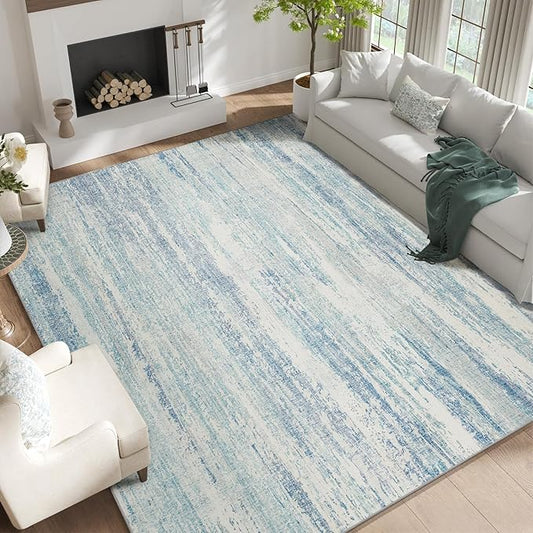 MUJOO 9x12 Area Rug,Washable Rugs for Living Room Bedroom Dining Room,Modern Abstract Large Non Slip Throw Carpet Indoor,Low Pile Accent Neutral Blue