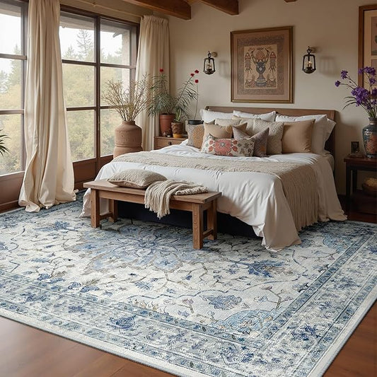 Area Rugs 10'x12' Washable Non-Slip, Floral Vintage Distress Print Pattern Medallion Carpet for Living Room Bedroom Dining Room, Light Blue Navy Beige Gray White