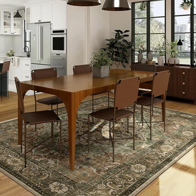5x7 Machine Washable Area Rug for Living Room, Brown Green Boho Vintage Floral Rug Large Non-Slip Low Pile Soft Faux Wool Carpet, Kids and Pets Friendly for Bedroom Dining Room Farmhouse Decor Rug
