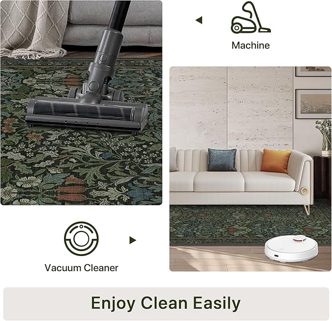 Bavni Floral Dark Green Area Rugs 6x9, Vintage Boho Carpet Machine Washable, Non Slip Soft Low Pile Thin Rug for Bedroom, Living Room, Dining Room, Nursery