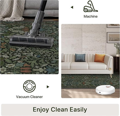 Bavni Floral Dark Green Area Rugs 5x7, Vintage Boho Carpet Machine Washable, Non Slip Soft Low Pile Thin Rug for Bedroom, Living Room, Dining Room, Nursery