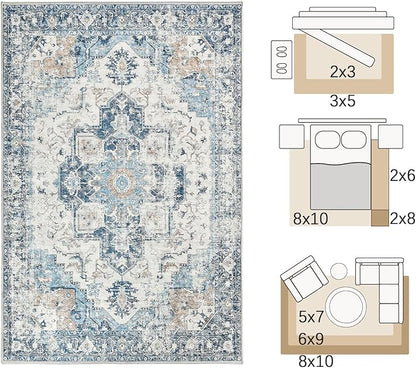 jinchan Kelda Area Rug 9x12 Washable Living Room Rug Vintage Indoor Large Floor Cover Distressed Lightweight Non-Slip Low Pile Thin Mat Accent Stain Resistant Carpet for Bedroom Office Blue