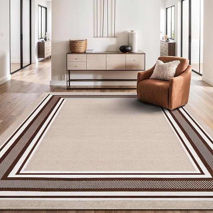 Beverly Rug Non Slip Area Rugs 8x10 Modern Bordered Non Skid Rubber Backing Soft Area Rug for Living Dining Room Easy to Clean Non Shedding Kitchen Bedroom Indoor Carpet 8 x 10 Beige-Brown