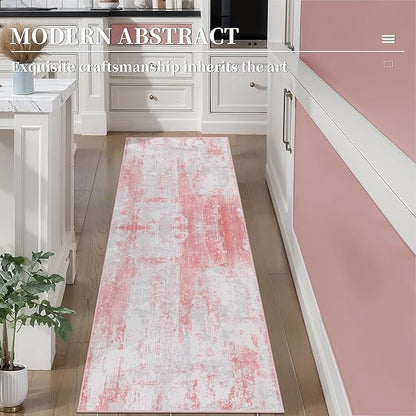 Ciicool 2x6 Washable Runner Rug, Modern Abstract Hallway Rugs Runner, Non-Slip Thin Accent Rug Lightweight Pink Gray Print Distressed Carpet for Laundry Entryway Bedroom Kitchen Indoor