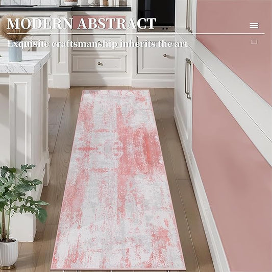 Ciicool 2x6 Washable Runner Rug, Modern Abstract Hallway Rugs Runner, Non-Slip Thin Accent Rug Lightweight Pink Gray Print Distressed Carpet for Laundry Entryway Bedroom Kitchen Indoor