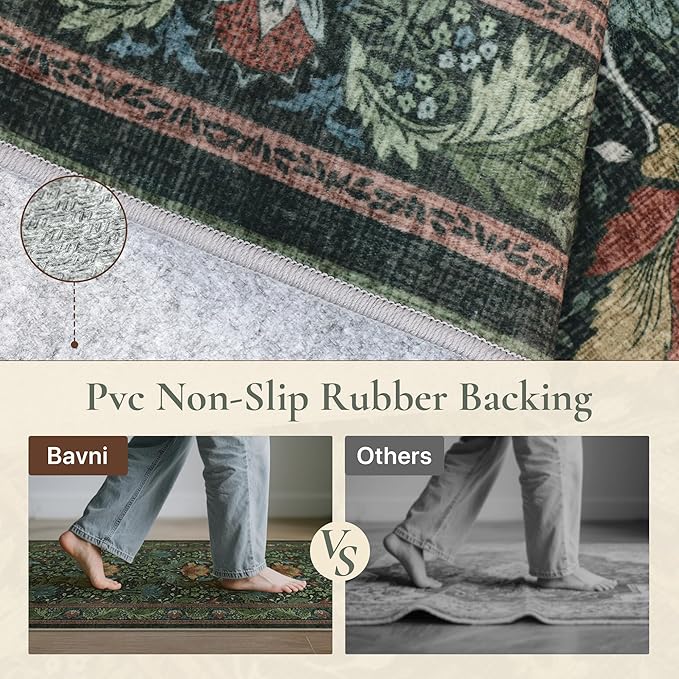 Bavni 2'6''x6 Runner Rug,Microfiber Washable Non-Slip Vintage Floral Rugs,Low Pile Lightweight Carpet for Bedroom,Hallway,Entryway,Kitchen,Bathroom, Dark Green