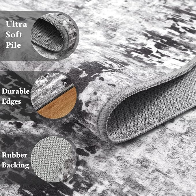 Washable Abstract Rug, 4x6 Modern Area Rugs with Non-Slip Rubber Backed for Living Room, Thin but Soft Contemporary Carpet Kitchen Bedroom Decor, Dark Grey