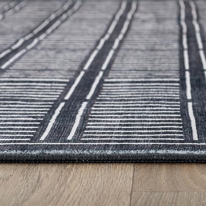 Rugshop Bohemian Stripe Lines Washable Non Slip Area Rug 3' x 5' Black