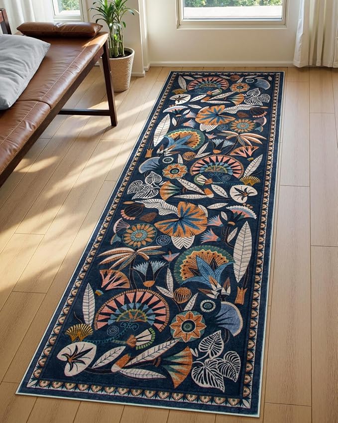 Egypt Floral Kitchen Runner Rugs Non Skid Washable,2x8 Boho Vintage Hallway Bathroom Runner Rug Non Slip,Soft Long Carpet for Laundry Room Entryway Bedroom (Dark Blue,2 x 8)
