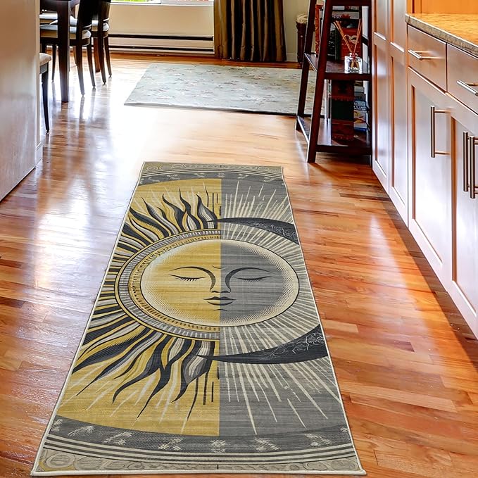Ambesonne Sun and Moon Decorative Rug, Celestial Esotery Lunar and Solar Characters with Leafy Details Modern, Quality Carpet Bedroom Dorm and Living Room, 2' 5" x 7' 5", Mustard Purpleblue