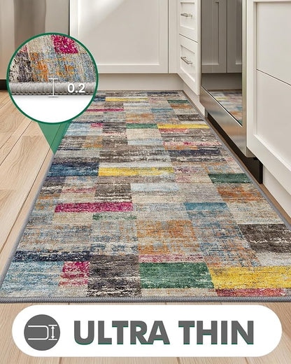LUMI Washable Runner Rug, 3'x8' Non-Slip Hallway Mat, Low Profile Thin Long Carpeet for Laundry Kitchen Bedroom Office, Multicolor