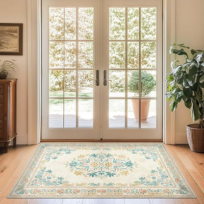 jinchan Vintage Floral 3x5 Area Rugs for Entryway - Machine Washable Distressed Design Ultra-Thin Low-Pile Soft Non-Shedding Carpet for Kitchen Bedroom Laundry Living Room (3x5ft, Apricot Multi)