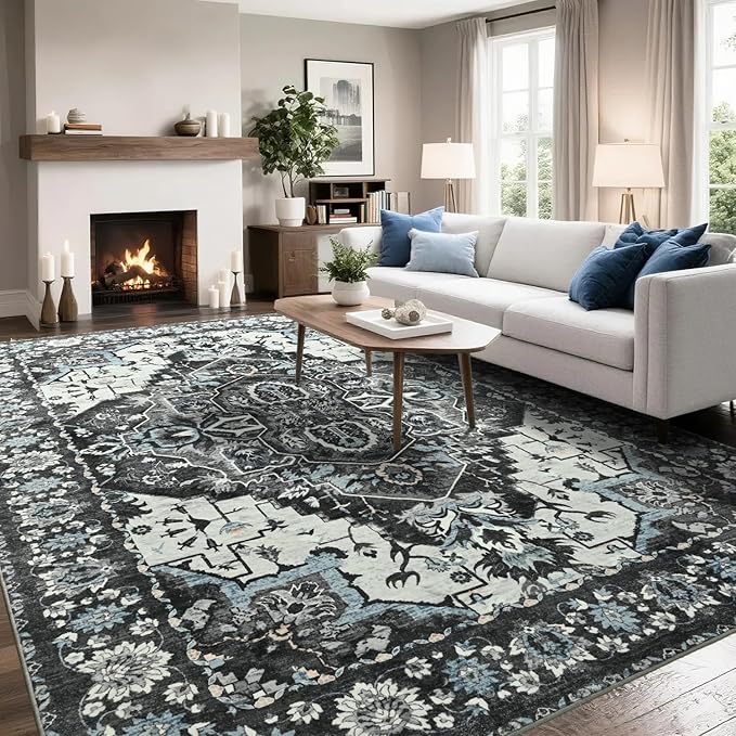 Beglad Area Rugs 5x7 for Living Room, Bedroom, Washable Vintage Rugs -Low Pile Soft Distressed Rugs for Kitchen, Dining Room, Non Shedding, Black and Blue