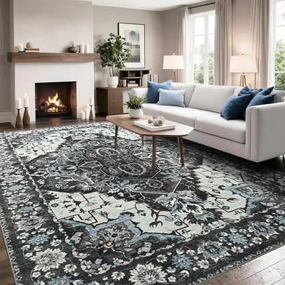 Beglad Area Rugs 5x7 for Living Room, Bedroom, Washable Vintage Rugs -Low Pile Soft Distressed Rugs for Kitchen, Dining Room, Non Shedding, Black and Blue