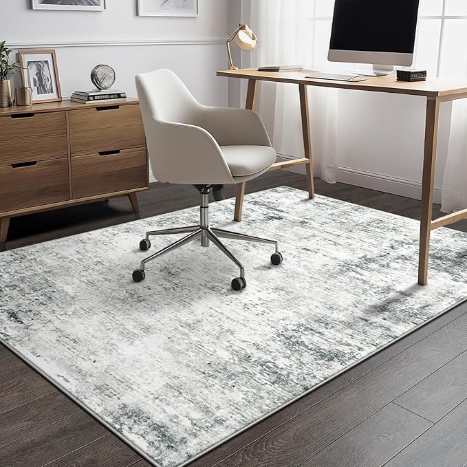4x6 Machine Washable Area Rug for Living Room, Grey Modern Vintage Abstract Rug Large Non-Slip Low Pile Soft Faux Wool Carpet, Kids and Pets Friendly for Bedroom Dining Room Farmhouse Home Decor Rug