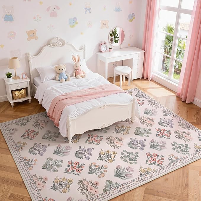 Wonnitar 8x10 Washable Rug, Pink Rugs for Girls Bedroom Decor, Boho Ultra-Thin Non Slip Soft Moroccan Floral Large Carpet for Living Room Baby Nursery Kids Playroom, Pale Pink