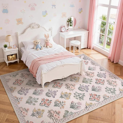 Wonnitar 8x10 Washable Rug, Pink Rugs for Girls Bedroom Decor, Boho Ultra-Thin Non Slip Soft Moroccan Floral Large Carpet for Living Room Baby Nursery Kids Playroom, Pale Pink