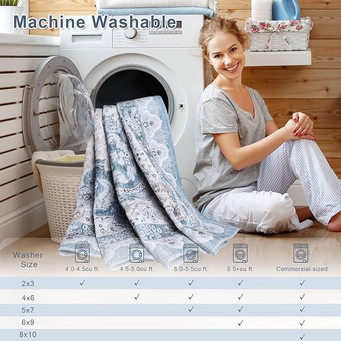 5x7 Area Rug for Bedroom, Machine Washable Rugs with Non-Slip Backing for Living Room, Soft Vintage Carpet Kitchen Laundry Kids Room Decor, Blue & Beige