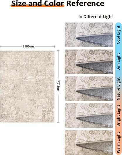 Art&Tuft Washable Rugs 5x7, Abstract Area Rugs for Living Room - Non Slip and Low Pile Soft Thin 5x7 Rug for Bedroom, Dining Room, Kitchen, Office, Beige