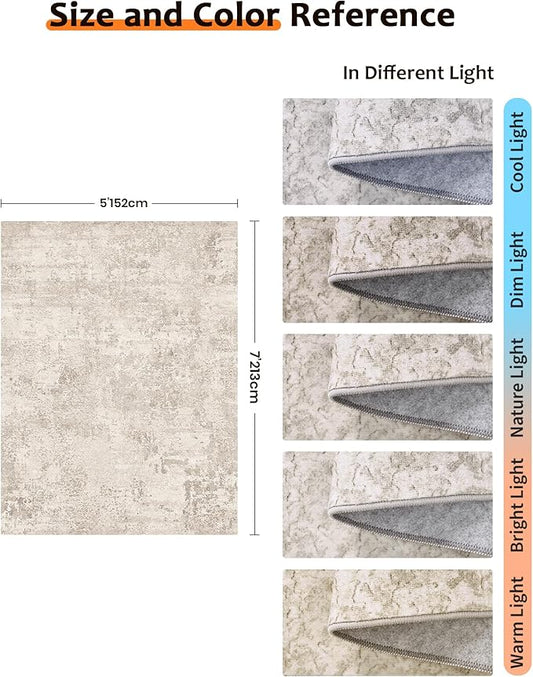 Art&Tuft Washable Rugs 5x7, Abstract Area Rugs for Living Room - Non Slip and Low Pile Soft Thin 5x7 Rug for Bedroom, Dining Room, Kitchen, Office, Beige