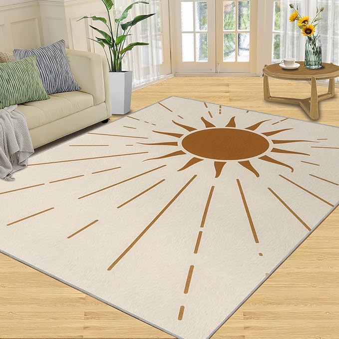 Boho Sun Area Rugs 4x5ft, Radiant Sunburst Kids Play Rug, Geometric Solar Throw Rugs Bedroom Fluffie Soft for Coffee Shop Living Room Under Table Game Room