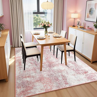 Washable Abstract Rug, 8x10 Modern Area Rugs with Non-Slip Rubber Backed for Living Room, Thin but Soft Contemporary Carpet Kitchen Bedroom Dining Room Decor, Pink