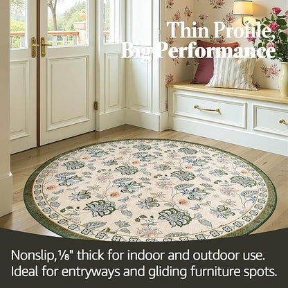 jinchan Elora 5ft Floral Round Rug for Entryway Washable Kitchen Rug Vintage Romance Design Non Slip Indoor Doormat Lightweight Low-Profile Throw Carpet for Living Room Dining Room, Green/Beige