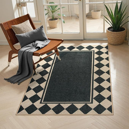 Moynesa Checkered Easy Jute Outdoor Patio Rug 3x5, Washable Indoor Outdoor Rugs for Entryway Non Slip, Farmhouse Carpet for Living Room Bedroom Kitchen Backyard Porches, Black Grid Pattern