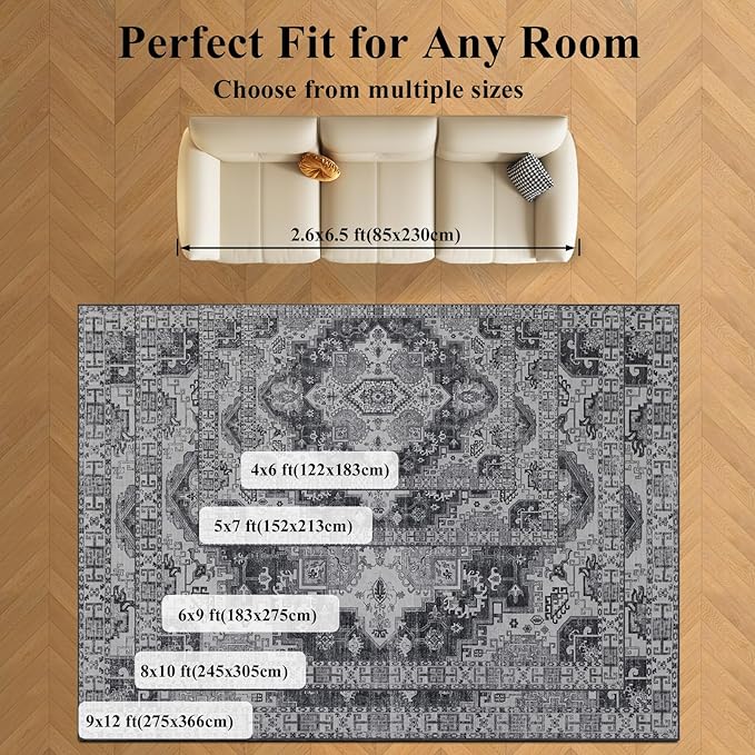 Washable Area Rugs 8x10, Large Rugs for Living Room, Carpet for Bedroom, Soft Faux Wool Retro Dining Room Rug, Non-Slip Backing Resistant Low Pile Vintage Print Rug for Home Office (Medium Gray)