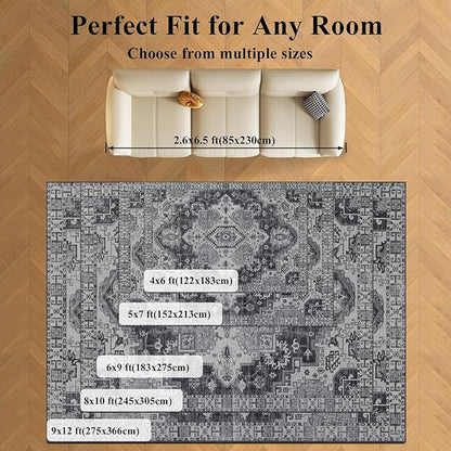 Washable 6x9 Area Rug for Living Room, Carpet for Bedroom Dining Room, Non Slip&Non-Shedding Resistant Low Pile Vintage Print Rug for Home Office (Medium Gray)