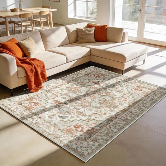 Enkor Area Soft Rugs 5x7 Washable Non Slip Boho Floor Rugs for Living Room Bedroom, Vintage Style Farmhouse Mat for Kitchen Entryway Beige & Orange