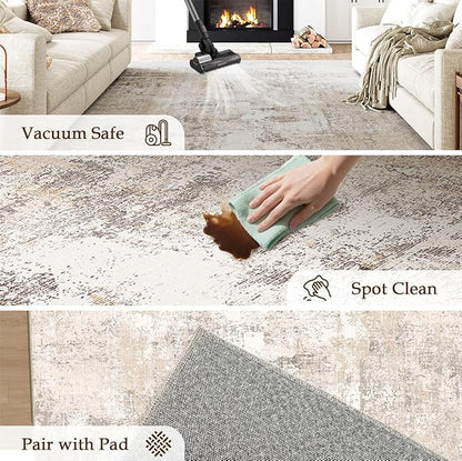 9x12 Area Rug Beige Grey Abstract Living Room Bedroom Carpet Neutral Modern Non Slip Soft Medium Pile Indoor Large Throw Rug for Dining Room Office
