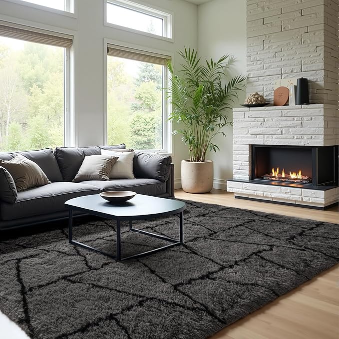 Zentavio Area Rugs for Living Room Large Rugs for Bedroom 6x9 Carpet Fluffy Fuzzy Soft Shag Aesthetic Plush High Pile Gray Throw Rug for Nursery Kids Room Dorm Triangle Grey