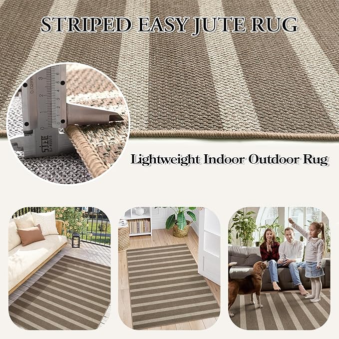 Lahome Striped Easy Jute Rug, 5x7 Dining Room Office Rug Washable Outdoor Patio Rug, Farmhouse Neutral Non Slip Stain Resistance Indoor Outdoor Carpet for Deck Classroom, Khaki