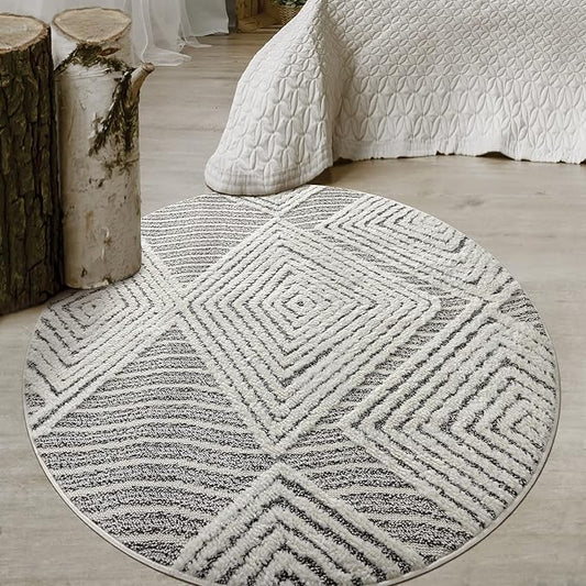 Antep Rugs Palafito 5x5 Geometric Shag Diamond High-Low Pile Textured Indoor Area Rug (Gray, 5'3" Round)
